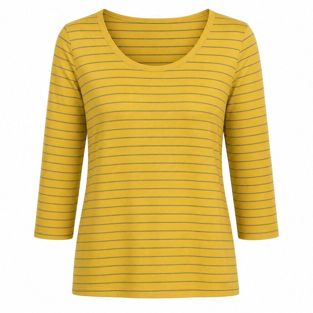 Susan Graver Striped Top Women Size XL Yellow Gray 3/4 Sleeve Scoop Neck Stretch